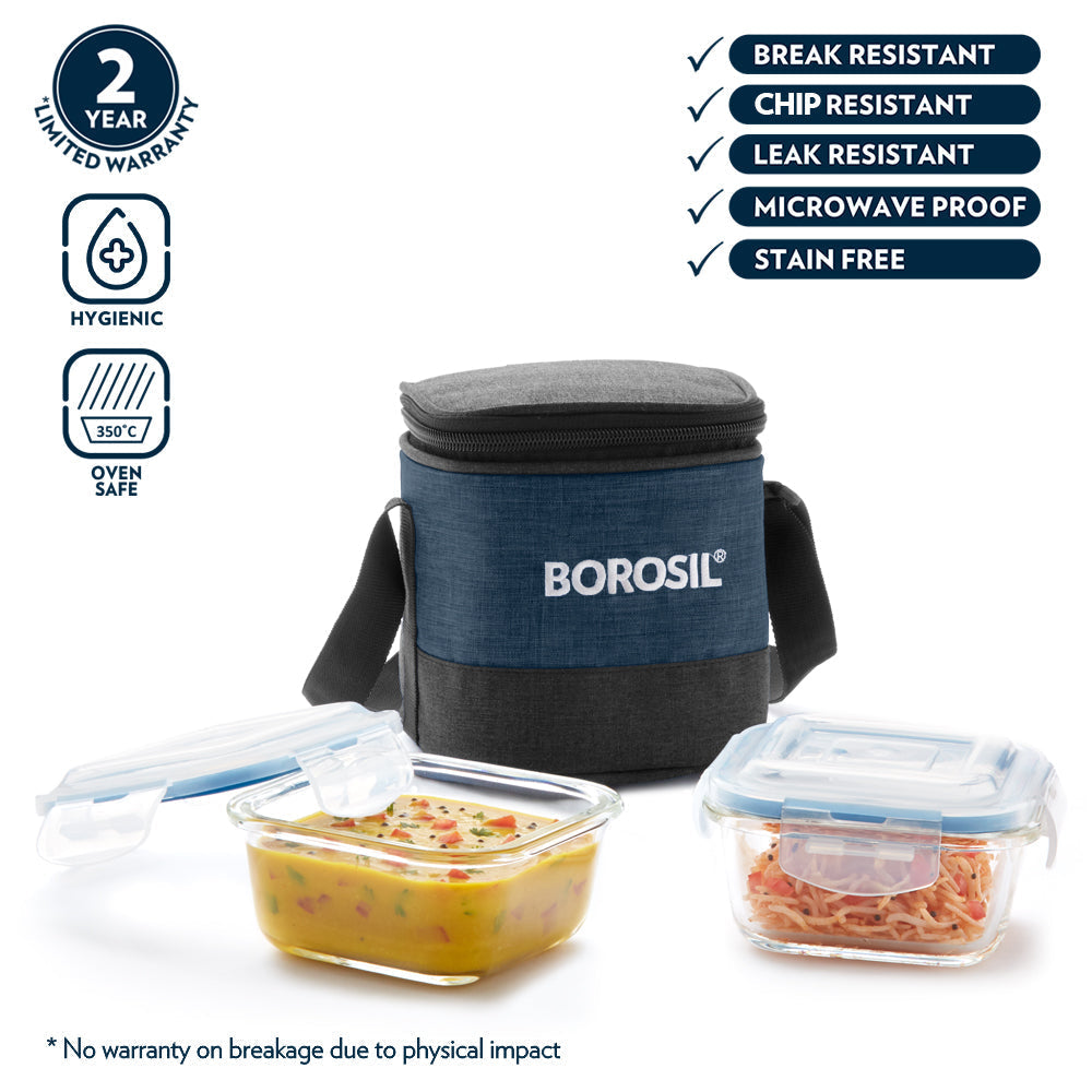 My Borosil Glass Lunchboxes Set of 2, 320ml Elite Blue Grey Glass Lunch Box, Square x 2 (Tall)