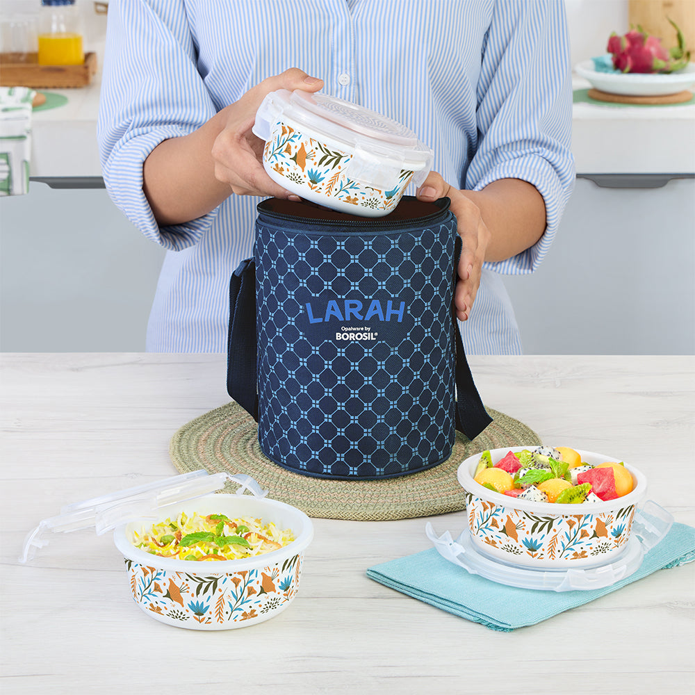 Larah by Borosil Ziva Sky Lunchbox, Set of 3, Blue