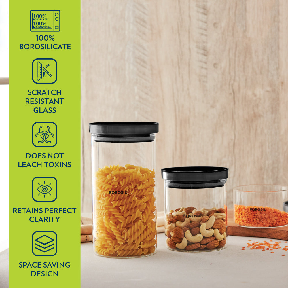 Borosil Stack n Store Jar (Black PP Lid) - Personalise