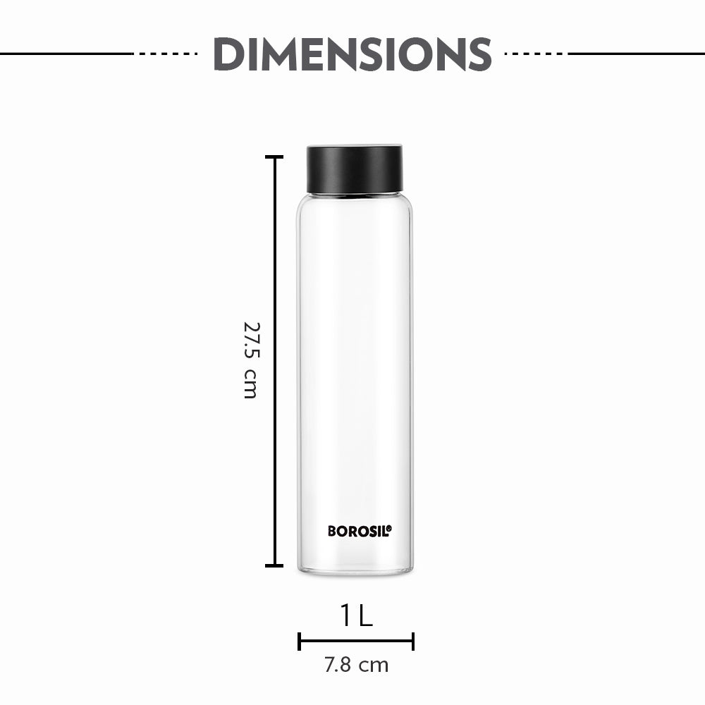 Borosil Crysto Wide Glass Bottle 1.0 L w Black Lid