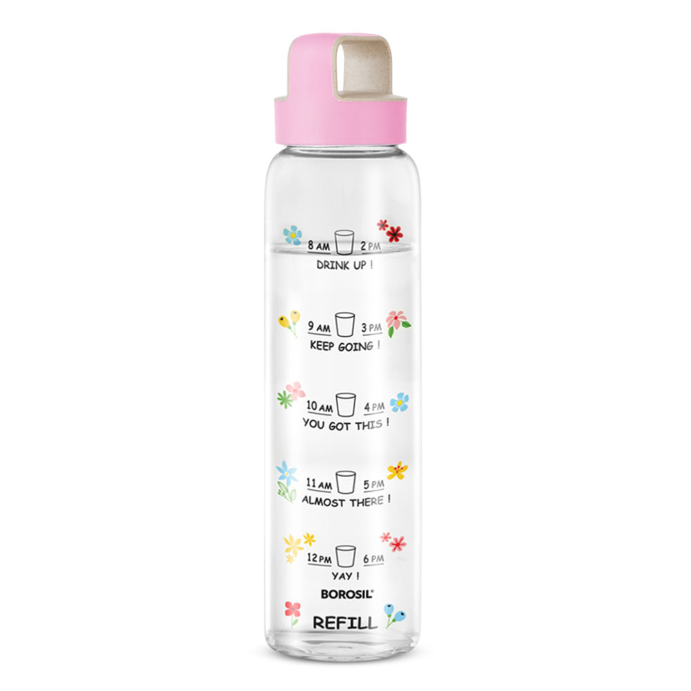 Borosil AM - PM Glass Bottle w Husk Lid, Pink
