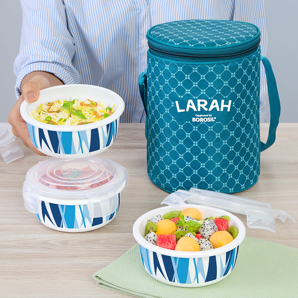 Larah by Borosil Geo Blue Lunchbox, Set of 3, Teal