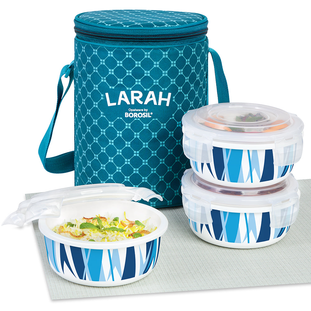 Larah by Borosil Geo Blue Lunchbox, Set of 3, Teal