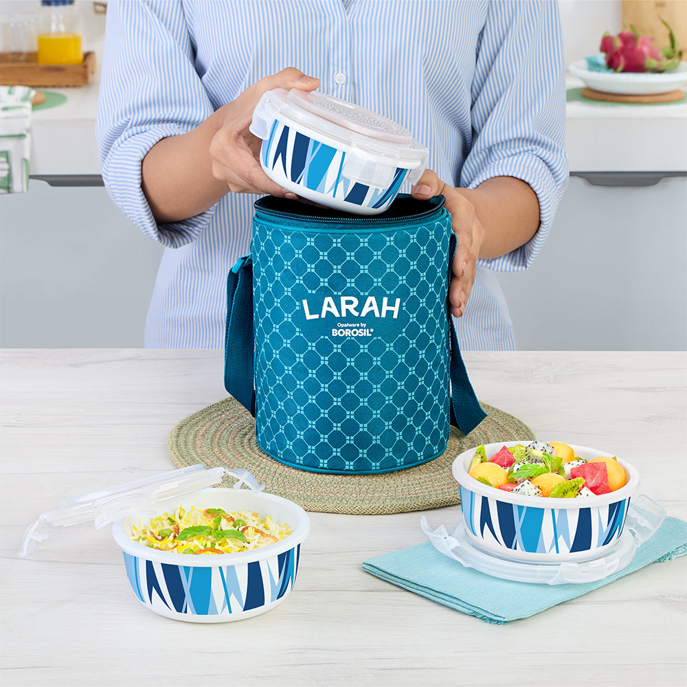 Larah by Borosil Geo Blue Lunchbox, Set of 3, Teal