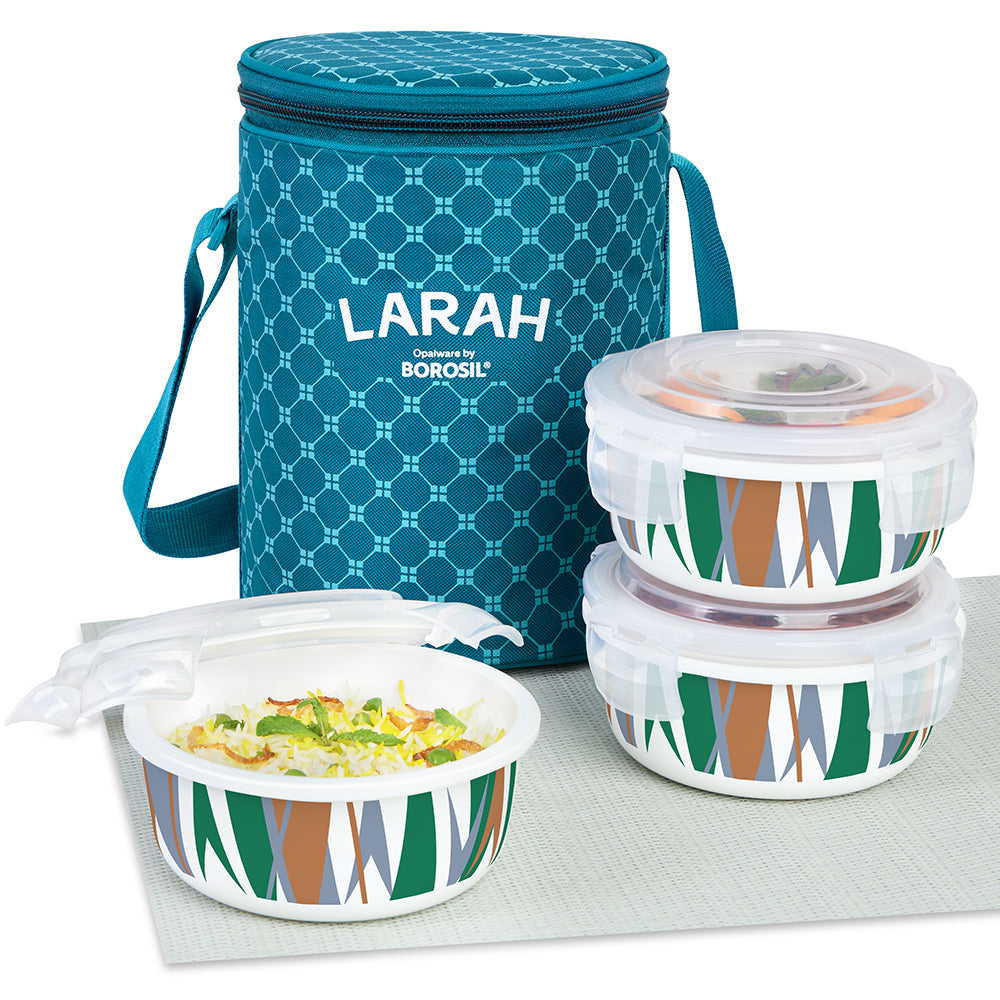 Larah by Borosil Geo Green Lunchbox, Set of 3, Teal