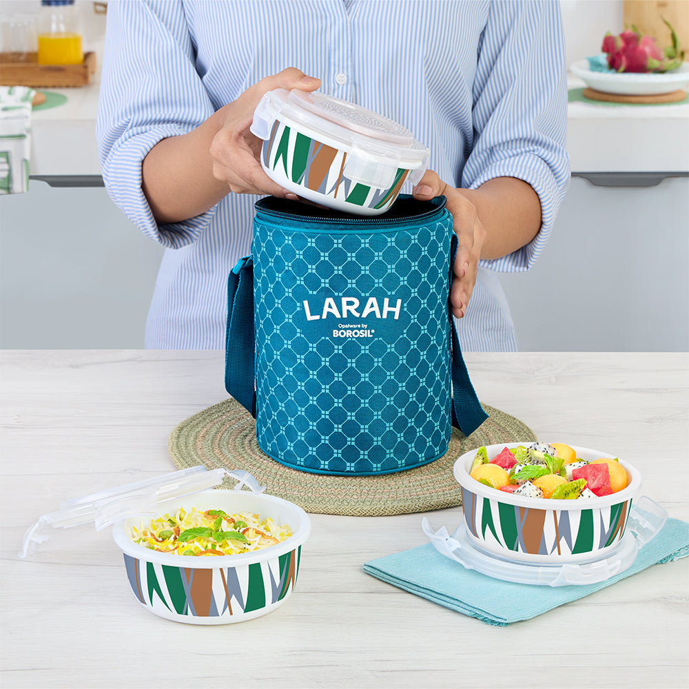 Larah by Borosil Geo Green Lunchbox, Set of 3, Teal
