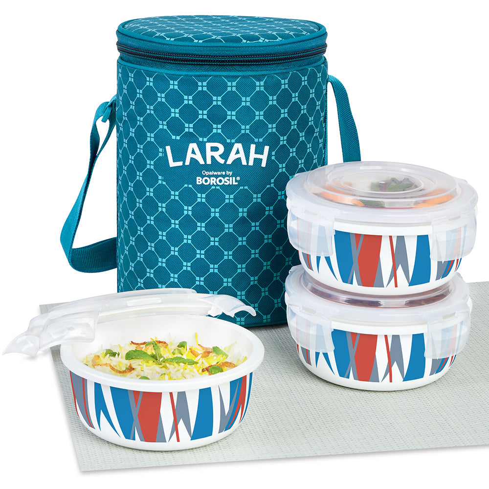 Larah by Borosil Geo Orange Lunchbox, Set of 3, Teal