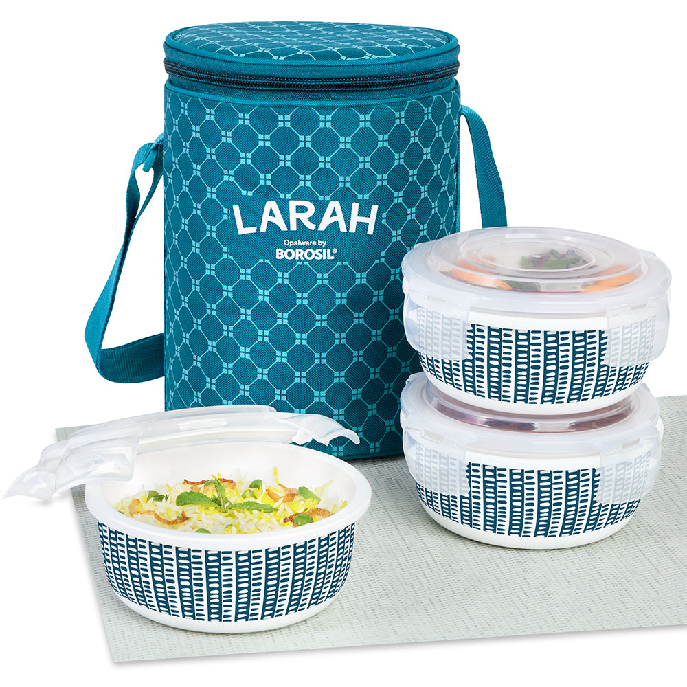Larah by Borosil Helix Lunchbox, Set of 3, Teal