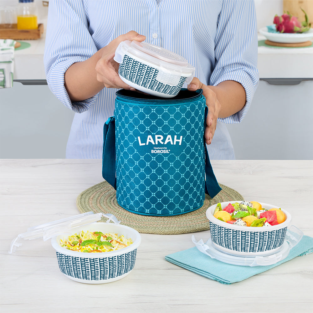 Larah by Borosil Helix Lunchbox, Set of 3, Teal