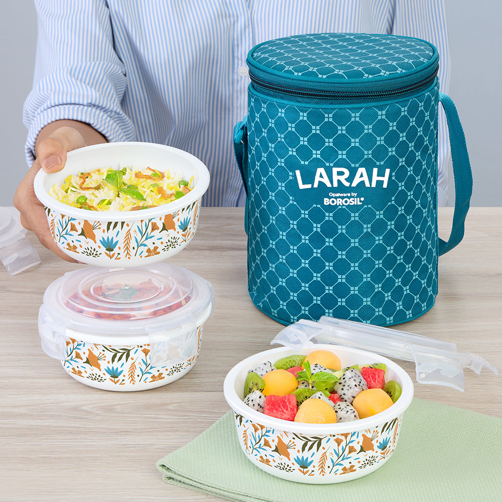 Larah by Borosil Ziva Sky Lunchbox, Set of 3, Teal