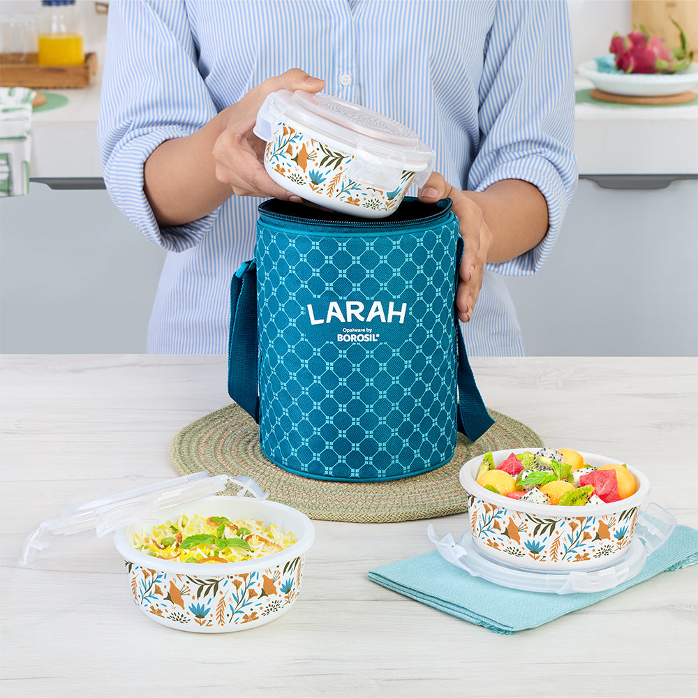 Larah by Borosil Ziva Sky Lunchbox, Set of 3, Teal