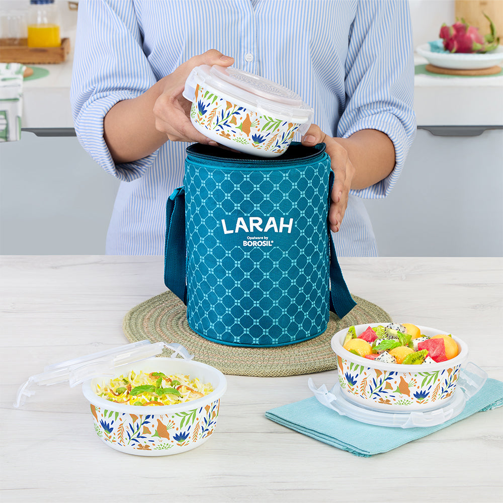 Larah by Borosil Ziva Navy Lunchbox, Set of 3, Teal
