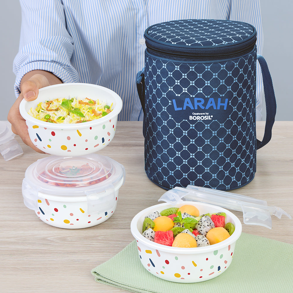 Larah by Borosil Aria Lunchbox, Set of 3, Blue