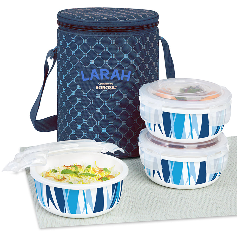 Larah by Borosil Geo Blue Lunchbox, Set of 3, Blue
