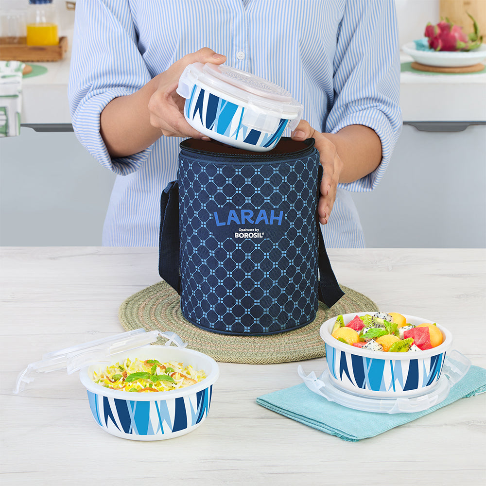 Larah by Borosil Geo Blue Lunchbox, Set of 3, Blue