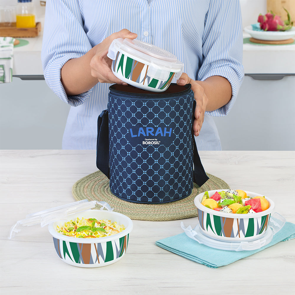 Larah by Borosil Geo Green Lunchbox, Set of 3, Blue