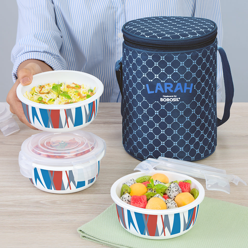 Larah by Borosil Geo Orange Lunchbox, Set of 3, Blue