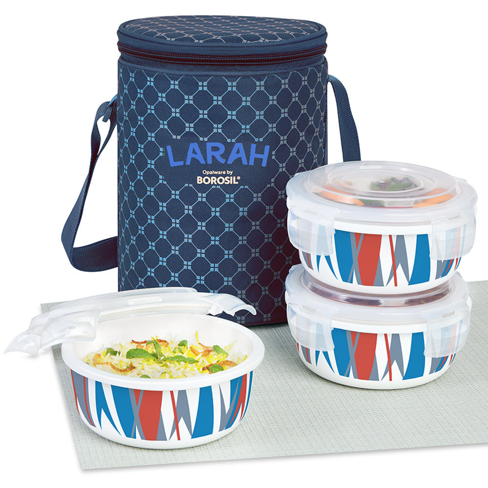 Larah by Borosil Geo Orange Lunchbox, Set of 3, Blue