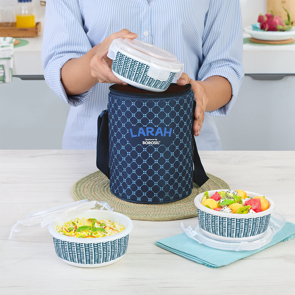 Larah by Borosil Helix Lunchbox, Set of 3, Blue