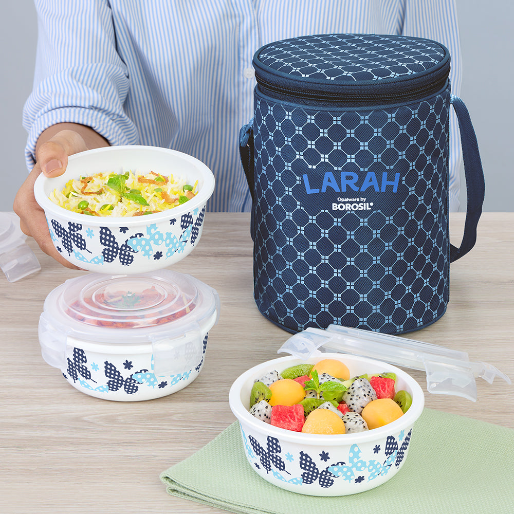 Larah by Borosil Veera Blue Lunchbox, Set of 3, Blue