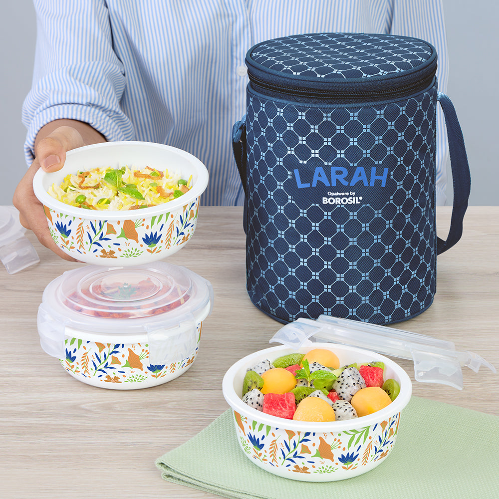 Larah by Borosil Ziva Navy Lunchbox, Set of 3, Blue