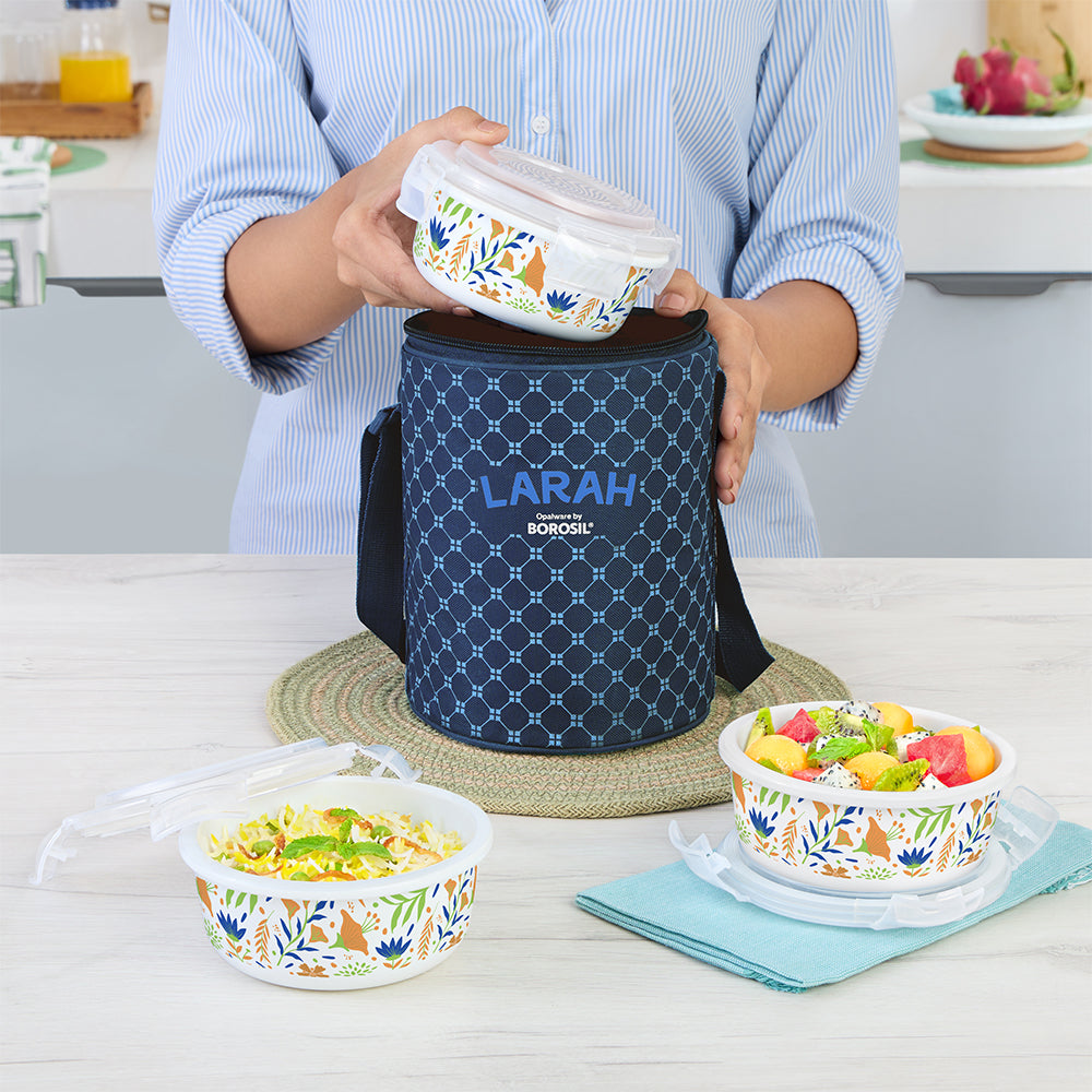 Larah by Borosil Ziva Navy Lunchbox, Set of 3, Blue