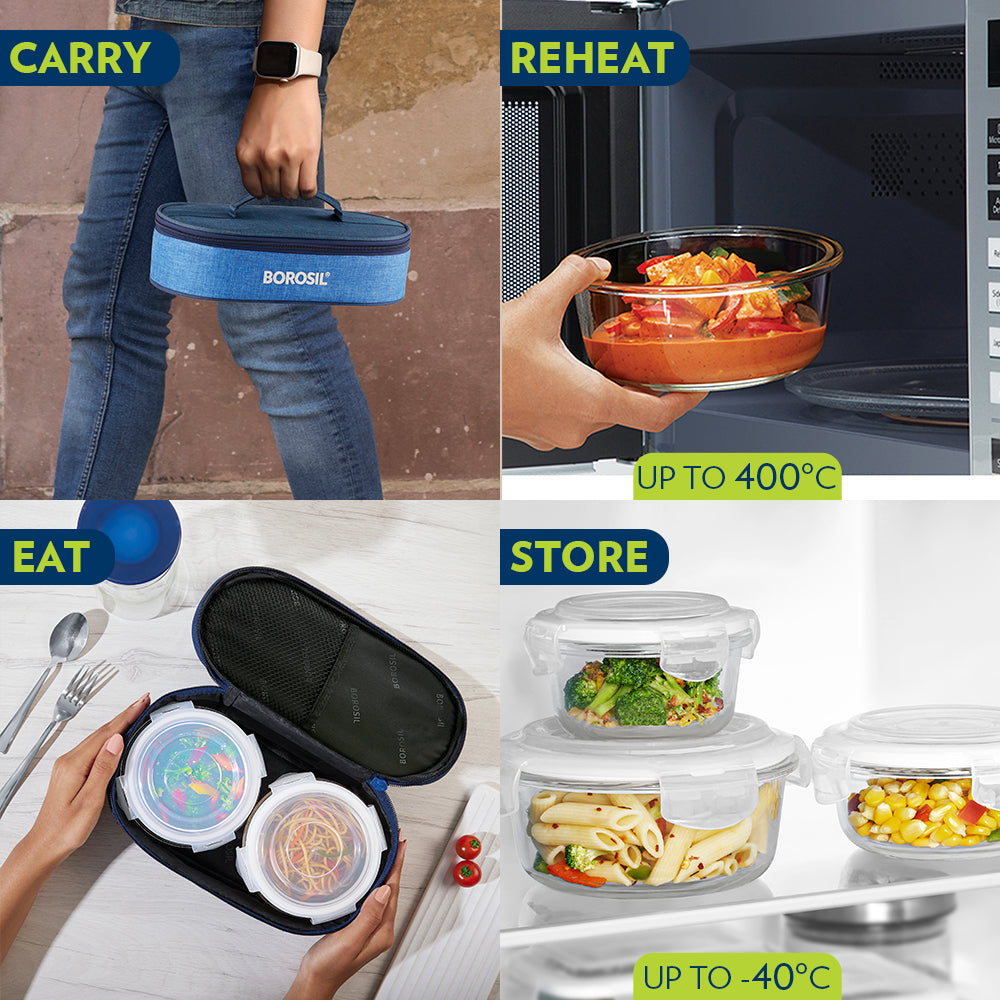 Borosil Prime Glass Lunchbox, Round x 2 (Tall)