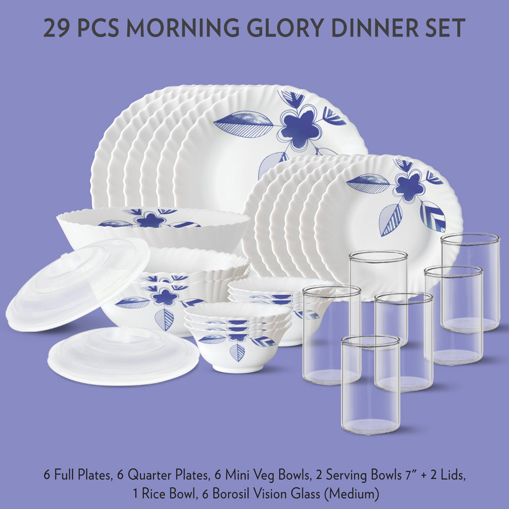 My Borosil Dinner Sets 29 pc Set: Serves 6 Morning Glory Dinner Set