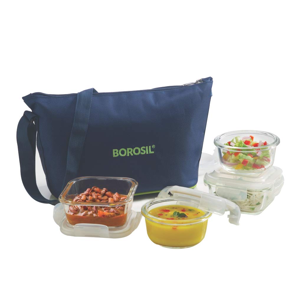 My Borosil Glass Lunchboxes 320 ml x 2 (+) 240 ml x 2 Blue Daisy Glass Lunchbox