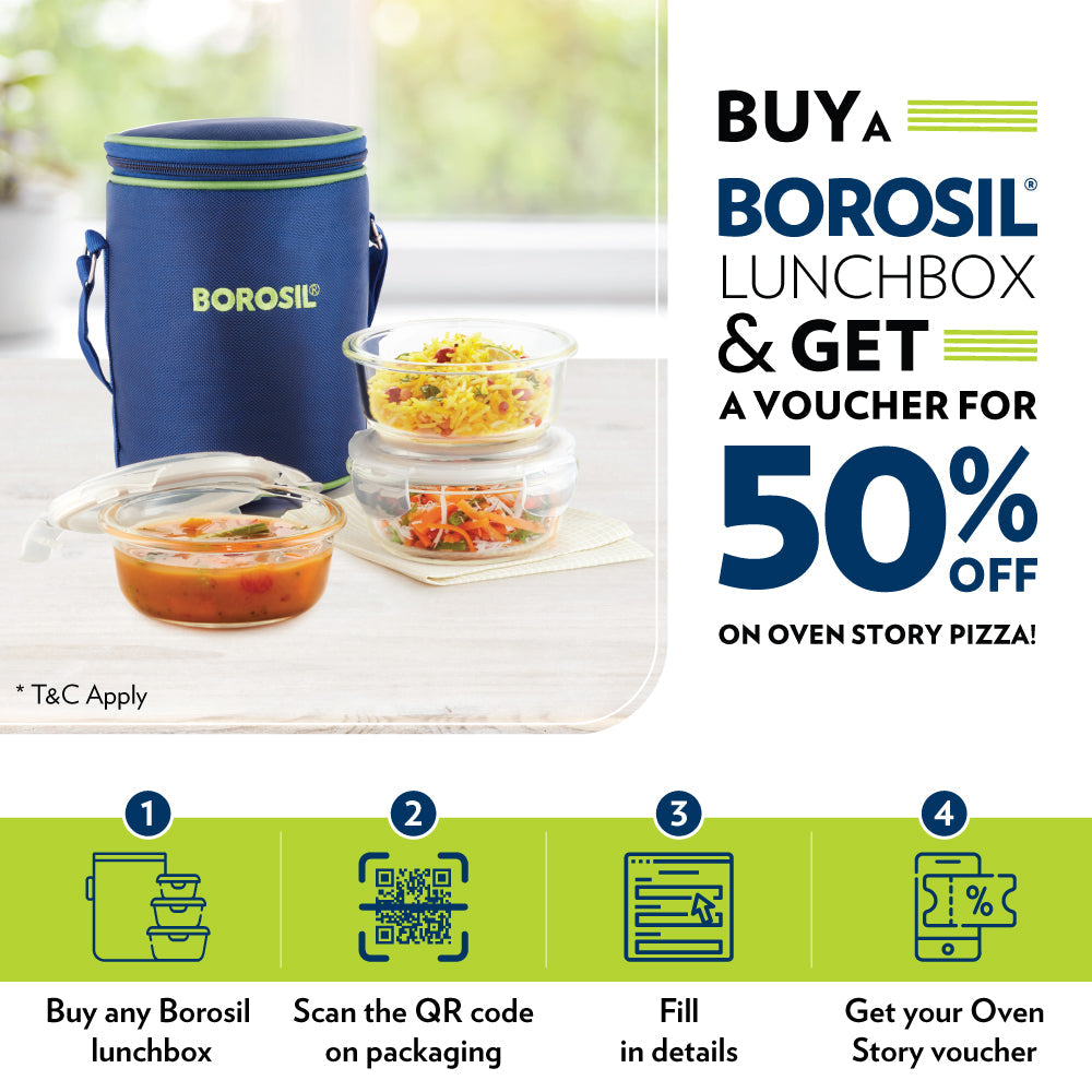 My Borosil Glass Lunchboxes 320 ml x 2 (+) 240 ml x 2 Blue Daisy Glass Lunchbox