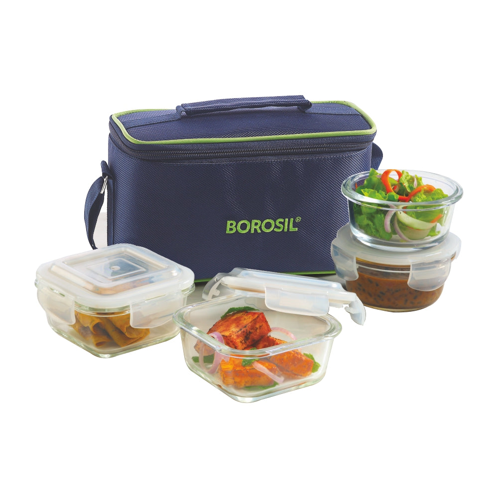 My Borosil Glass Lunchboxes 320 ml x 2 (+) 240 ml x 2 Blue Universal Glass Lunchbox