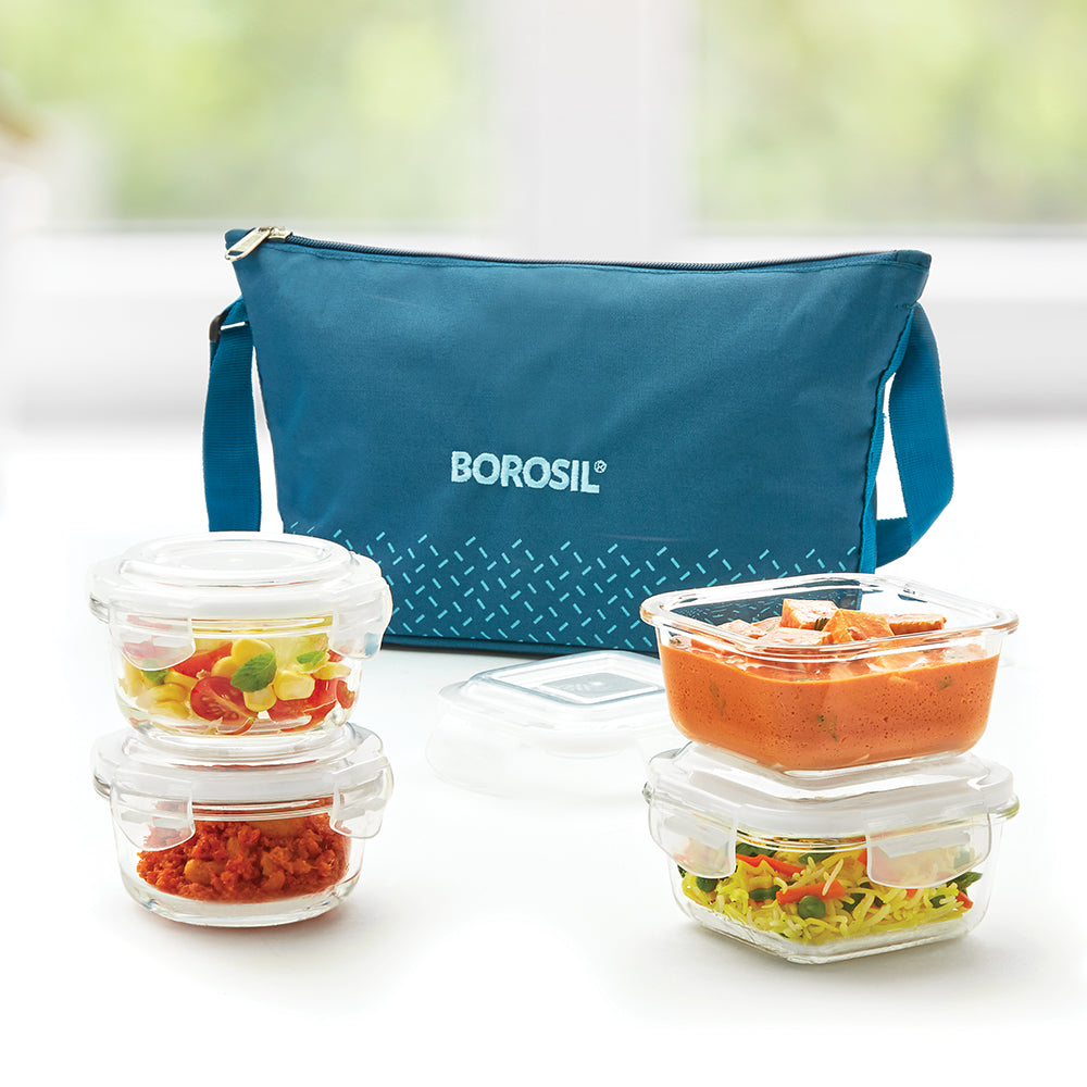My Borosil Glass Lunchboxes 320 ml x 2 (+) 240 ml x 2 Teal Daisy Glass Lunchbox