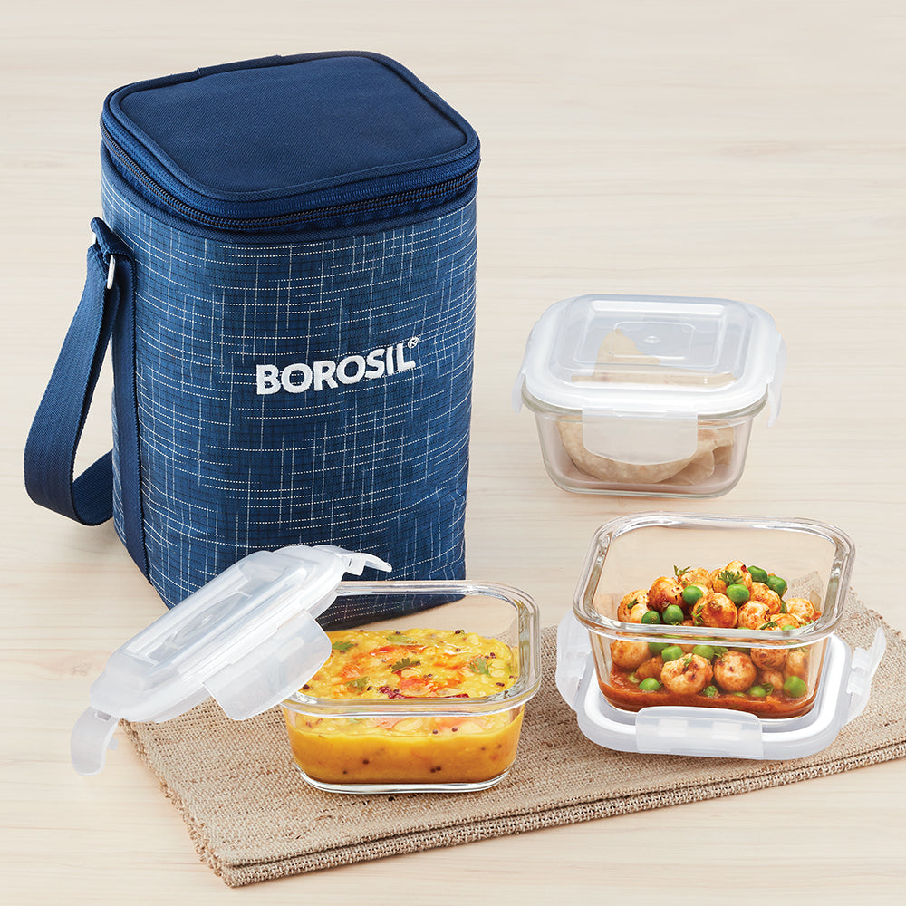 My Borosil Glass Lunchboxes 320 ml x 3 Indigo Glass Lunch Box, Square x 3