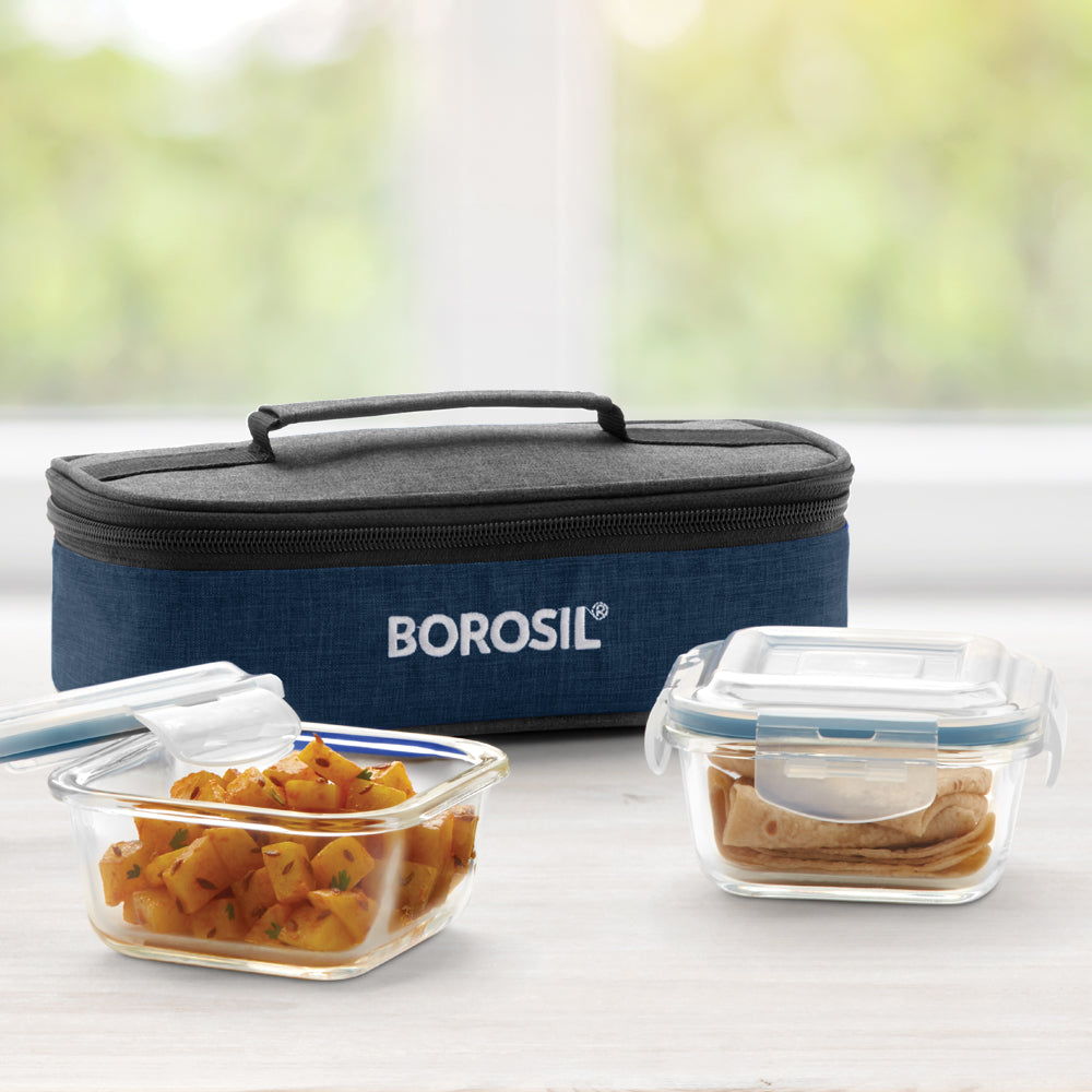 My Borosil Glass Lunchboxes Set of 2, 320ml Elite Blue Grey Glass Lunch Box, Square x 2 (Flat)
