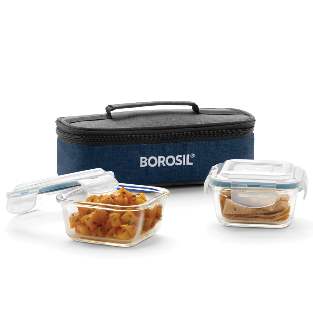 My Borosil Glass Lunchboxes Set of 2, 320ml Elite Blue Grey Glass Lunch Box, Square x 2 (Flat)