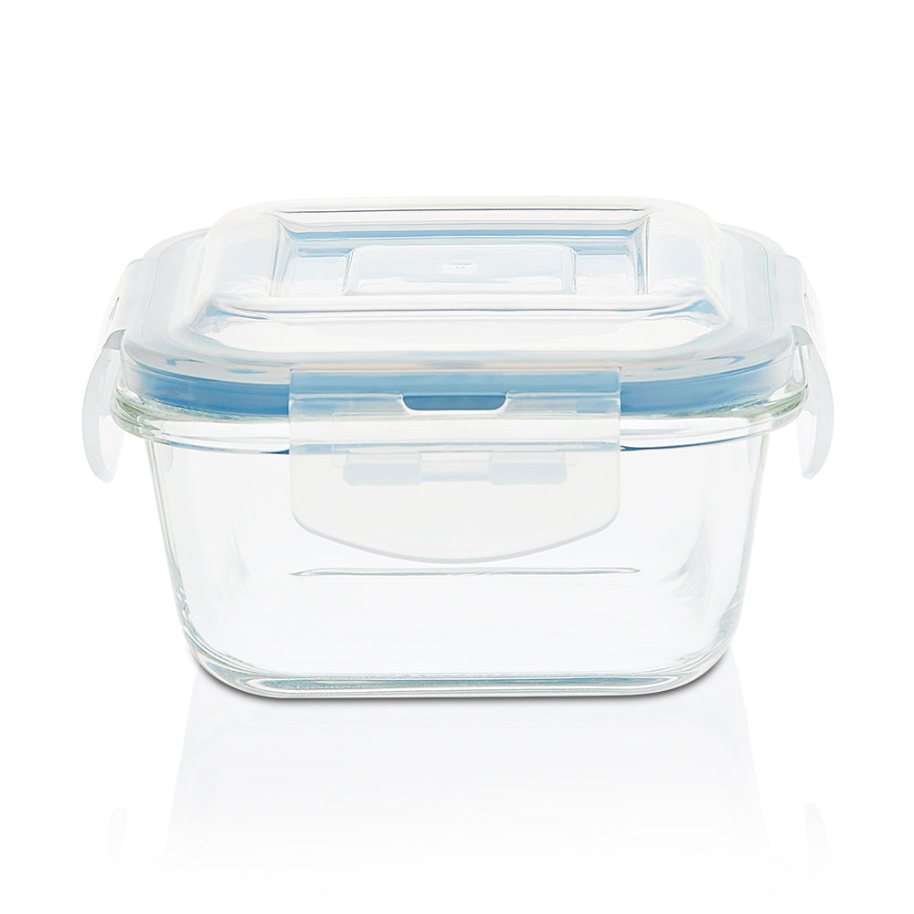 My Borosil Glass Lunchboxes Set of 2, 320ml Elite Blue Grey Glass Lunch Box, Square x 2 (Flat)