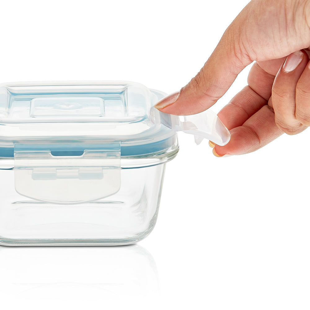 My Borosil Glass Lunchboxes Set of 2, 320ml Elite Blue Grey Glass Lunch Box, Square x 2 (Flat)