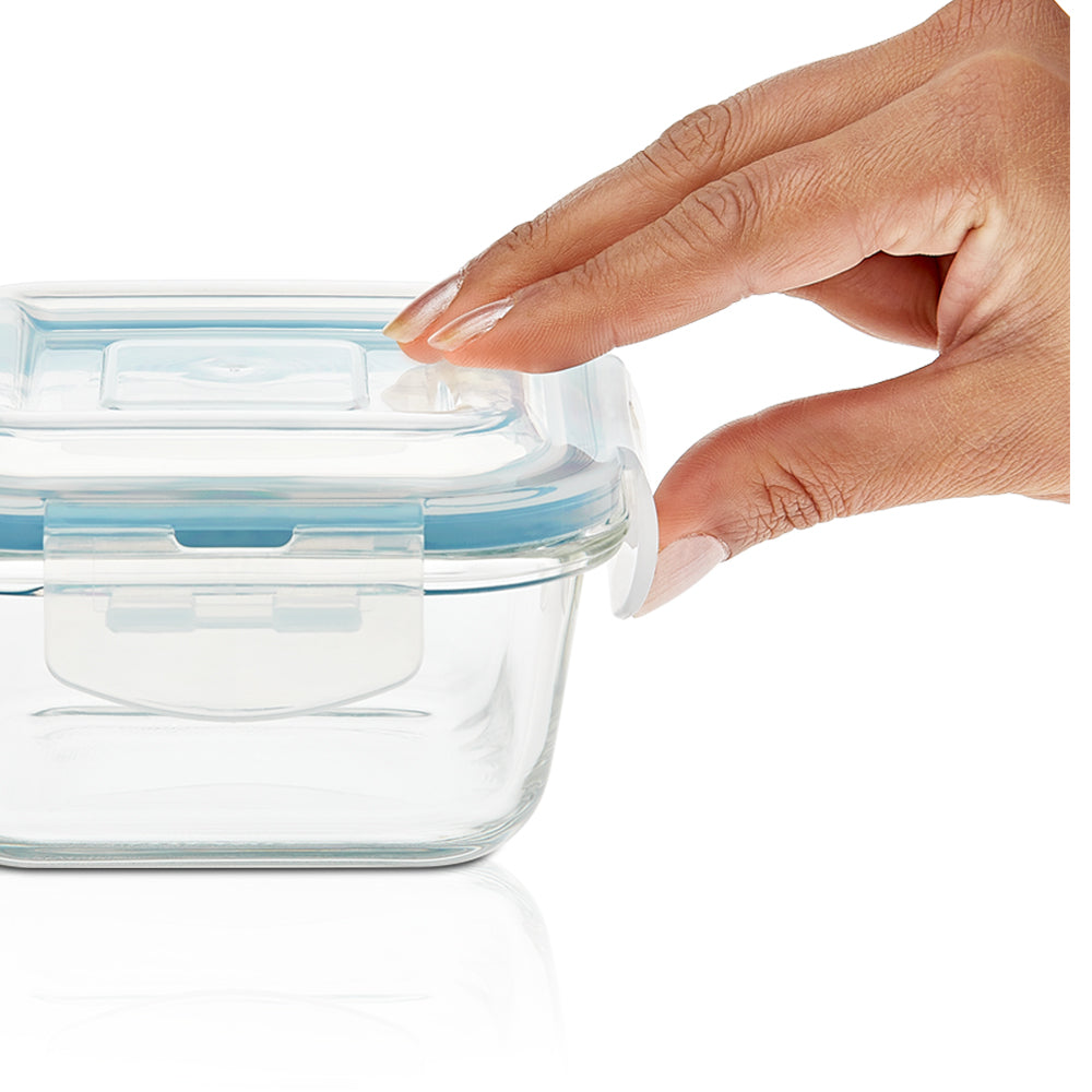 My Borosil Glass Lunchboxes Set of 2, 320ml Elite Blue Grey Glass Lunch Box, Square x 2 (Flat)