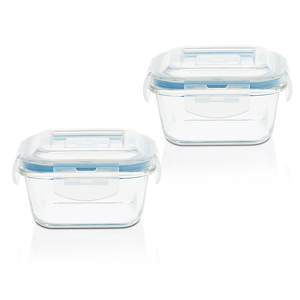 My Borosil Glass Lunchboxes Set of 2, 320ml Elite Blue Grey Glass Lunch Box, Square x 2 (Flat)