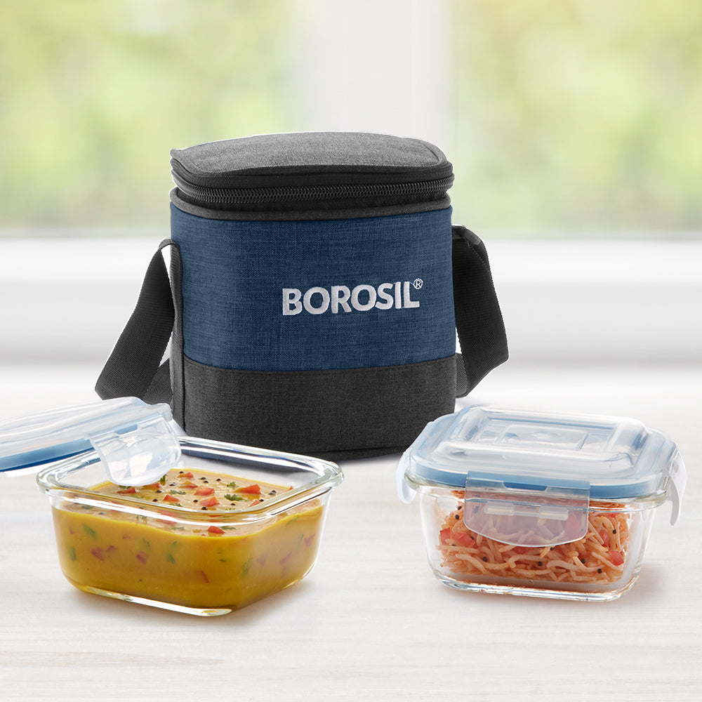 My Borosil Glass Lunchboxes Set of 2, 320ml Elite Blue Grey Glass Lunch Box, Square x 2 (Tall)