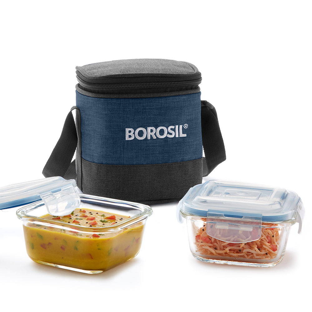 My Borosil Glass Lunchboxes Set of 2, 320ml Elite Blue Grey Glass Lunch Box, Square x 2 (Tall)