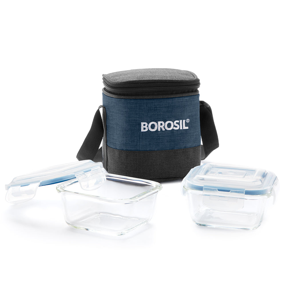 My Borosil Glass Lunchboxes Set of 2, 320ml Elite Blue Grey Glass Lunch Box, Square x 2 (Tall)