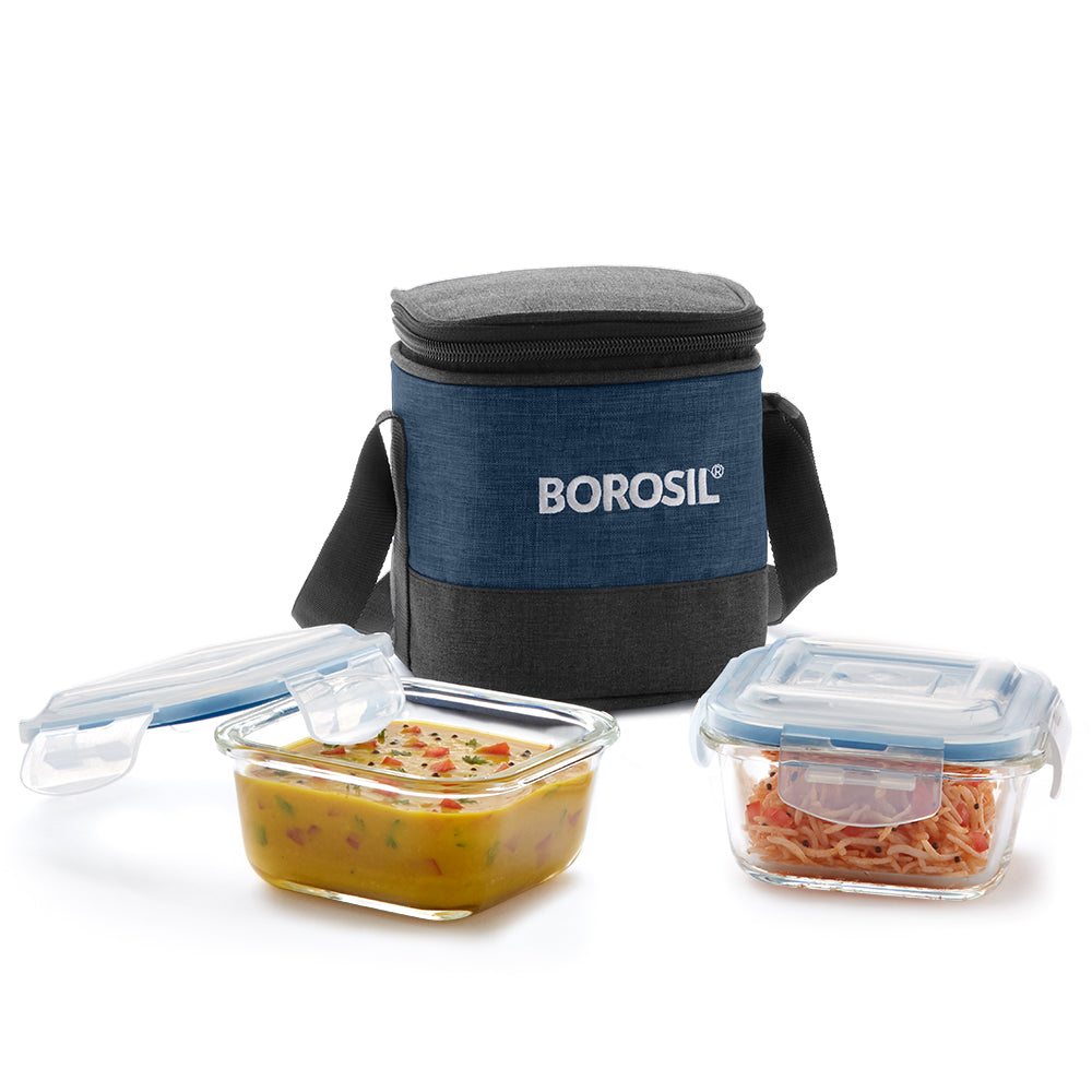 My Borosil Glass Lunchboxes Set of 2, 320ml Elite Blue Grey Glass Lunch Box, Square x 2 (Tall)