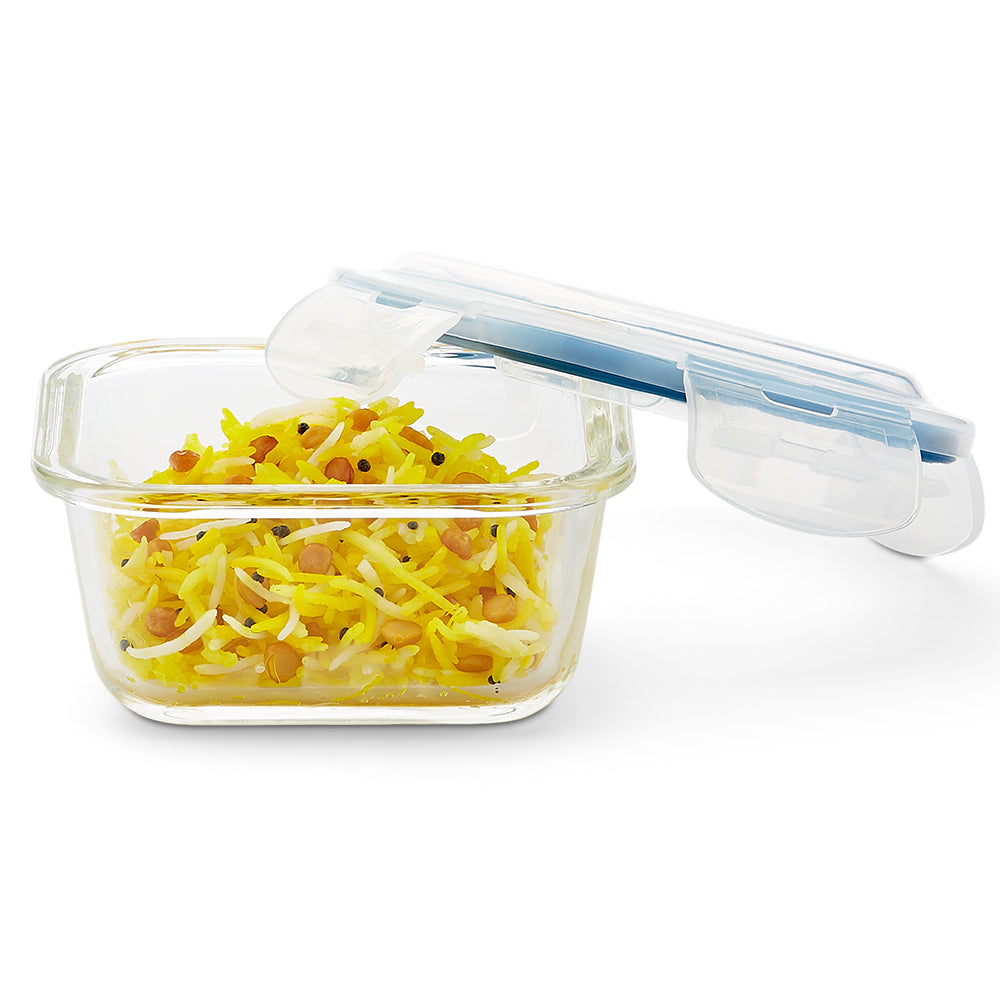 My Borosil Glass Lunchboxes Set of 2, 320ml Elite Blue Grey Glass Lunch Box, Square x 2 (Tall)