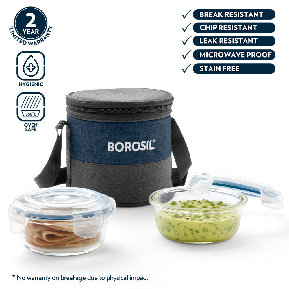My Borosil Glass Lunchboxes Set of 2, 400ml Elite Blue Grey Glass Lunch Box, Round x 2 (Tall)