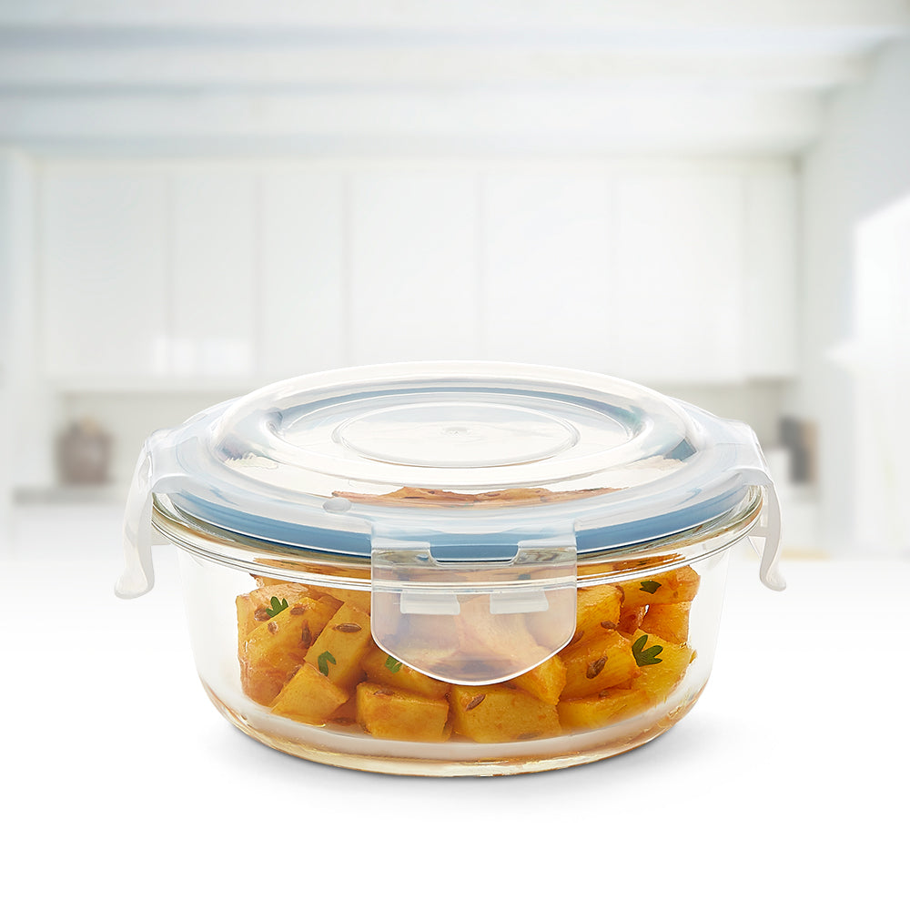My Borosil Glass Lunchboxes Set of 2, 400ml Elite Blue Grey Glass Lunch Box, Round x 2 (Tall)