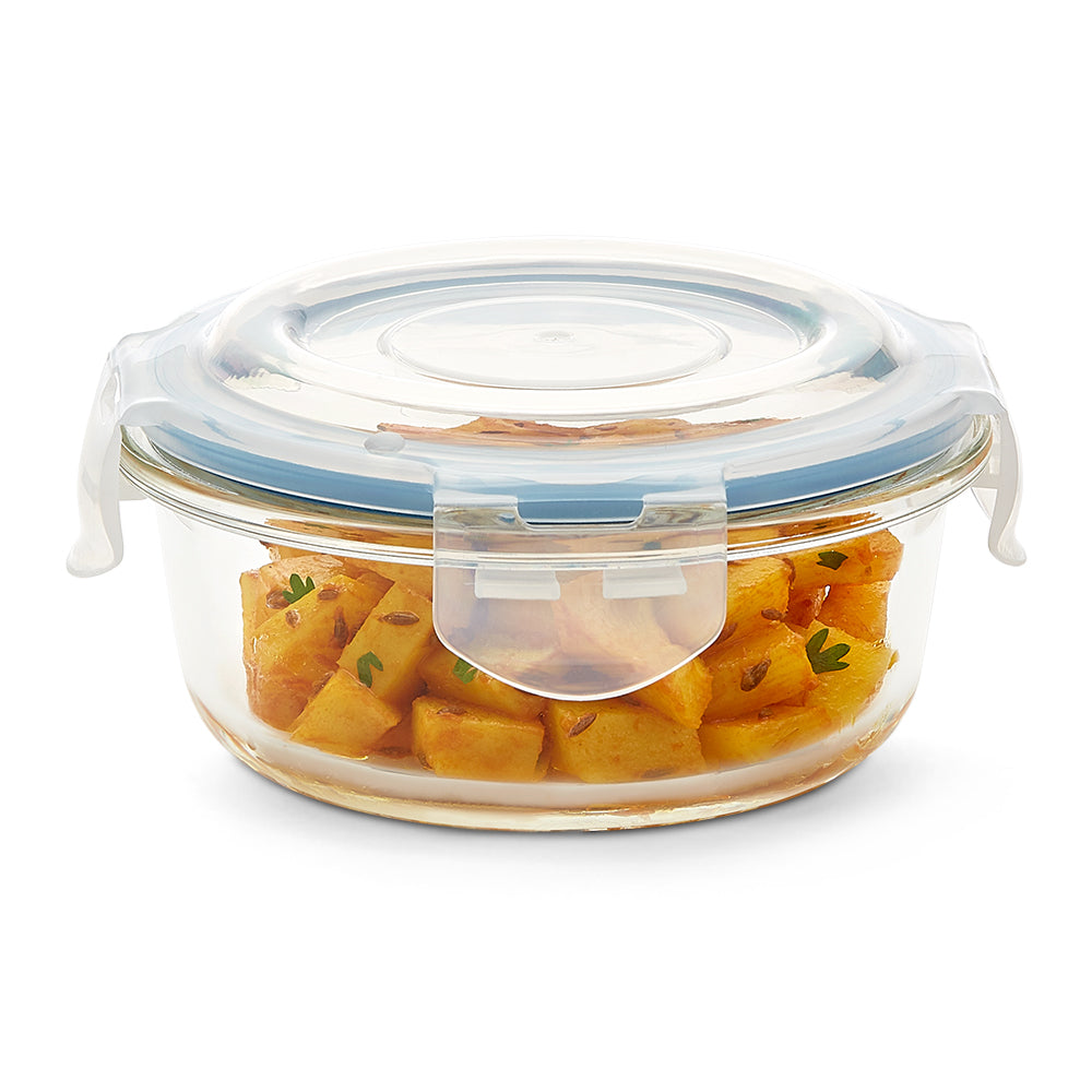 My Borosil Glass Lunchboxes Set of 2, 400ml Elite Blue Grey Glass Lunch Box, Round x 2 (Tall)