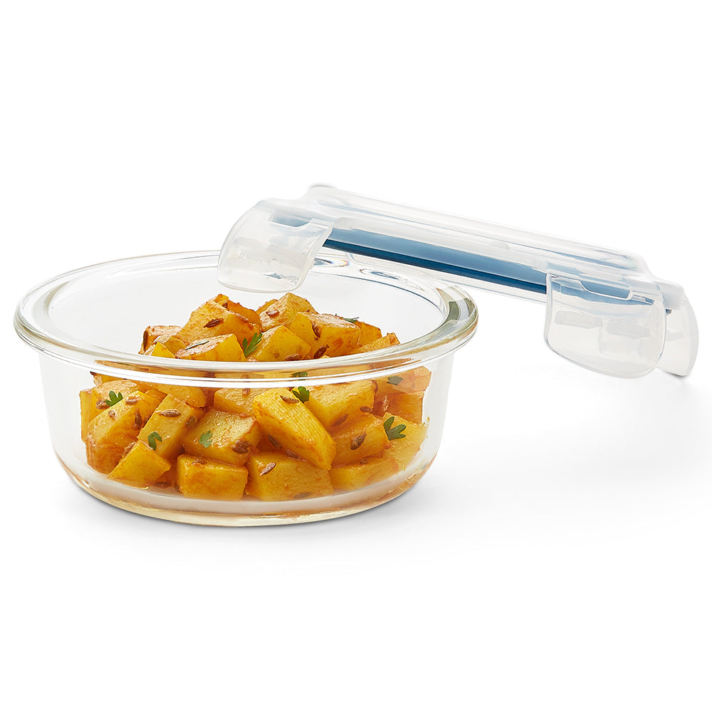 My Borosil Glass Lunchboxes Set of 2, 400ml Elite Blue Grey Glass Lunch Box, Round x 2 (Tall)
