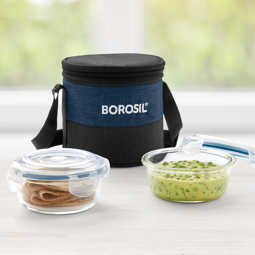 My Borosil Glass Lunchboxes Set of 2, 400ml Elite Blue Grey Glass Lunch Box, Round x 2 (Tall)