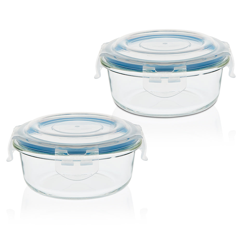 My Borosil Glass Lunchboxes Set of 2, 400ml Elite Blue Grey Glass Lunch Box, Round x 2 (Tall)